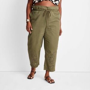 Future Collective High-Waisted Eyelet Pants in Olive Green Multiple Sizes